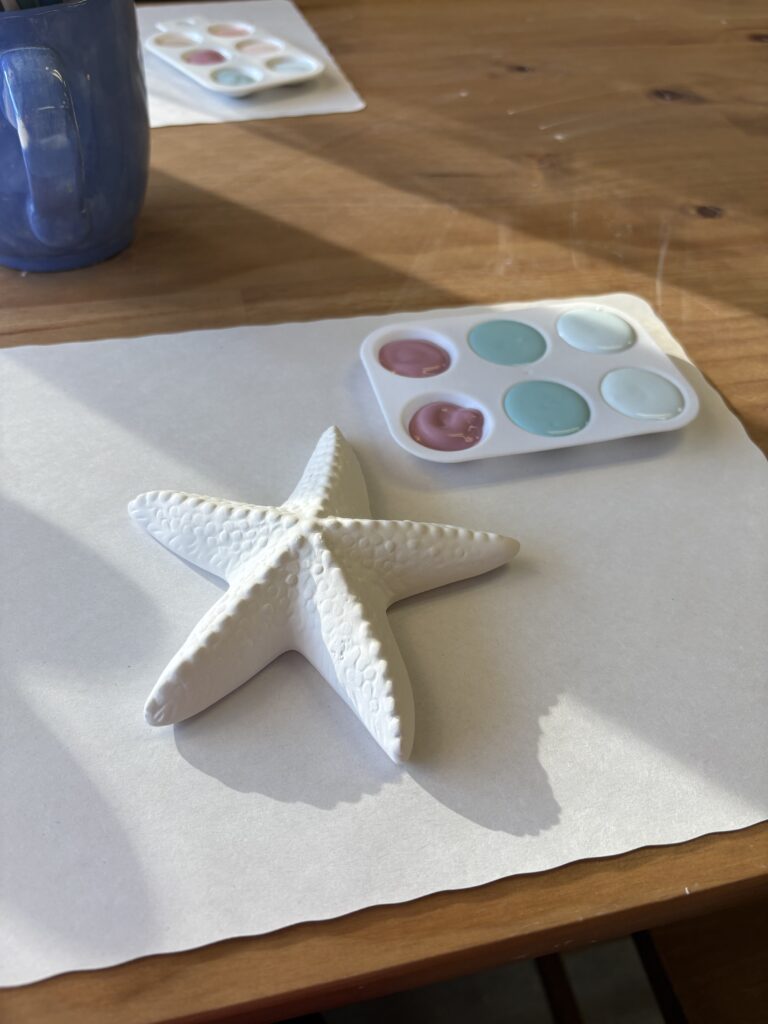 A paint your own pottery starfish piece is shown, unpainted