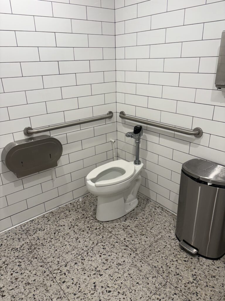 The bathroom in the Lucky Finn Cafe has a toilet that is automatic and has grab bars on the walls around it for accessibility 
