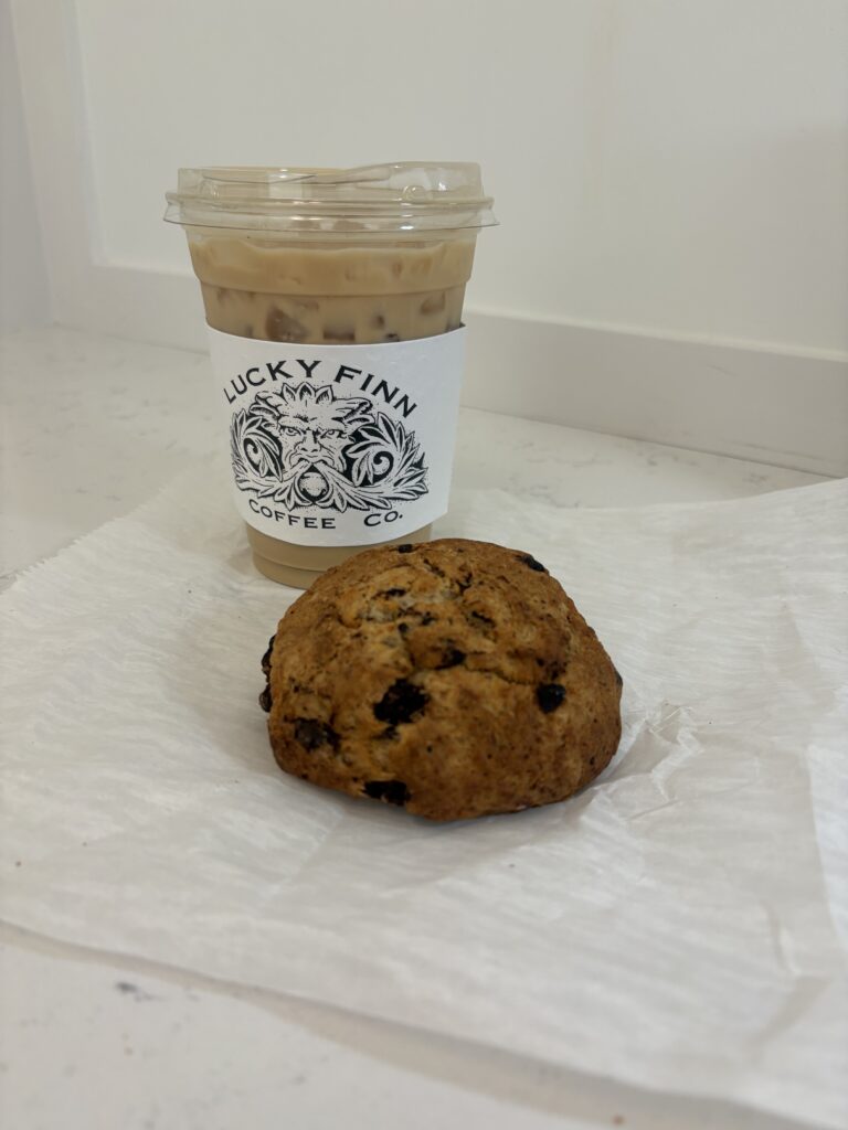 Small iced Irish Creme latte and chocolate scone from Lucky Finn Cafe