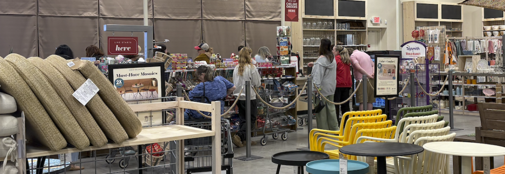 The checkout line was long but moved quickly