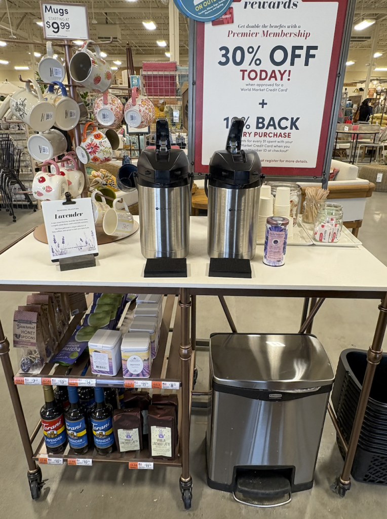 Two coffee dispensers are at the frot of the store