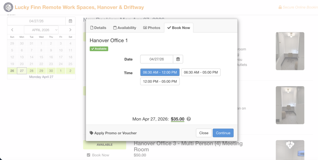 The booking page for the rental offices on the Lucky Finn Cafe website