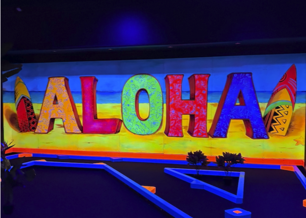 A mural with the word "Aloha" is shown in neon colors. 