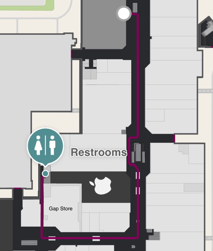 A map showing a route from the indoor mini golf venue to the bathroom is shown
