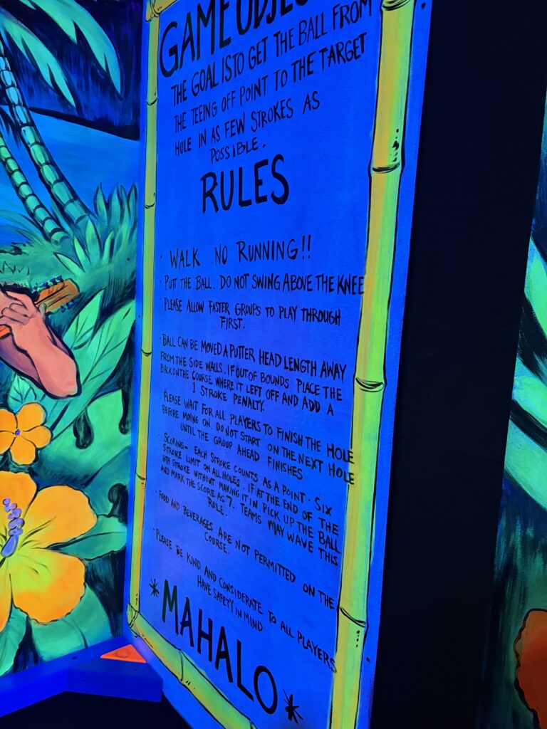 Indoor mini golf game play rules are shown 