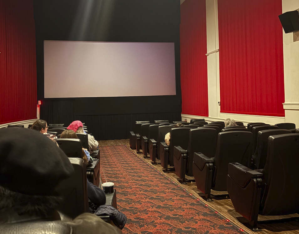 The theater has a screen up front and many rows of black, plush chairs