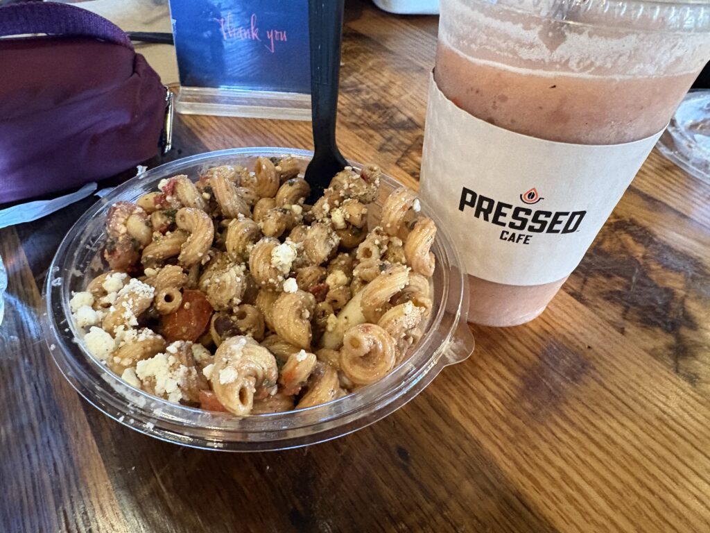 A pasta salad and smoothie